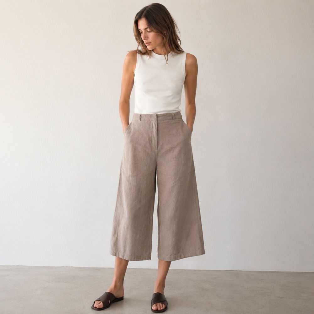 Odeeh Wide Leg Cropped Trousers Womens 42 Taupe Brown Minimalist Cotton Pants